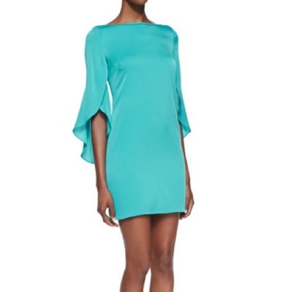 Milly Silk Aqua Blue Green Blue Butterfly Sleeve Scoop Back Column Mini Dress 0 - Picture 2 of 15